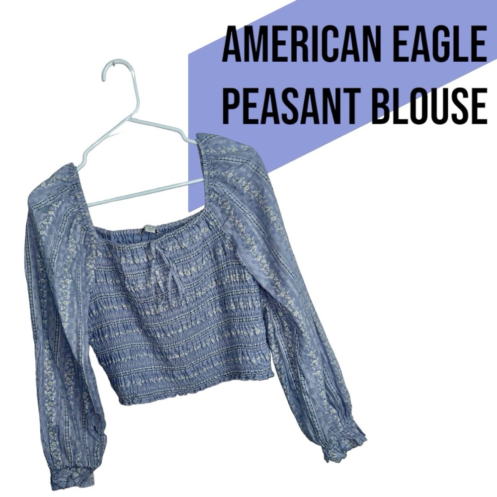 Amer­i­can Ea­gle Smocked Puff-Sleeve Square Neck Blouse, Size Large